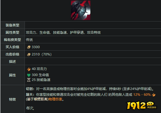 lol黑色切割者装备属性是什么 lol黑色切割者装备属性介绍